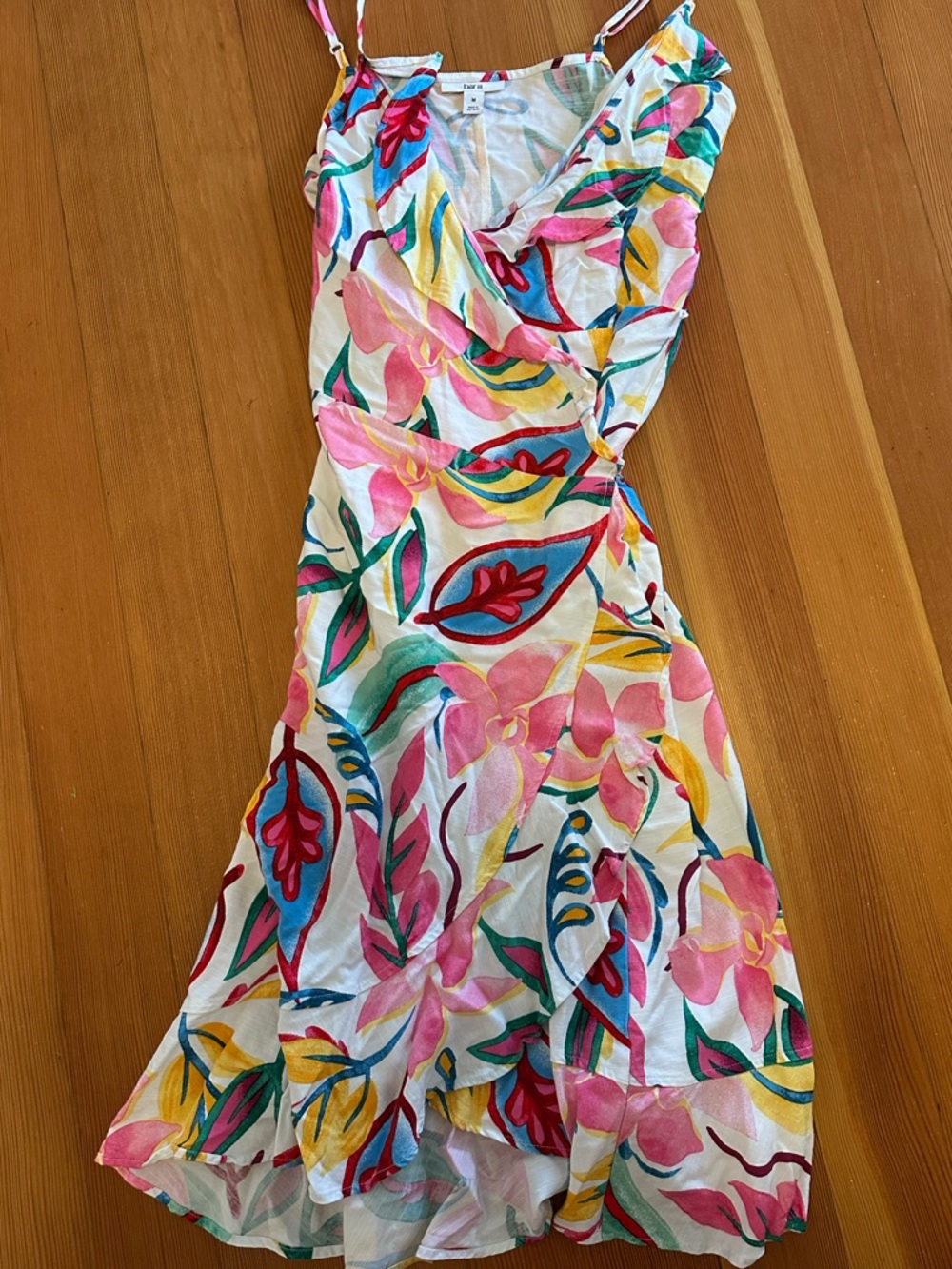 Bar III Pink Floral Wrap Midi Dress with Multicolor Leaves